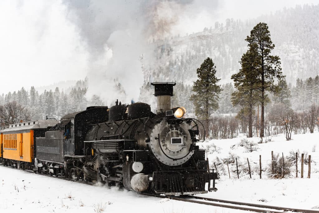 The Durango Silverton Train chugs through the snow