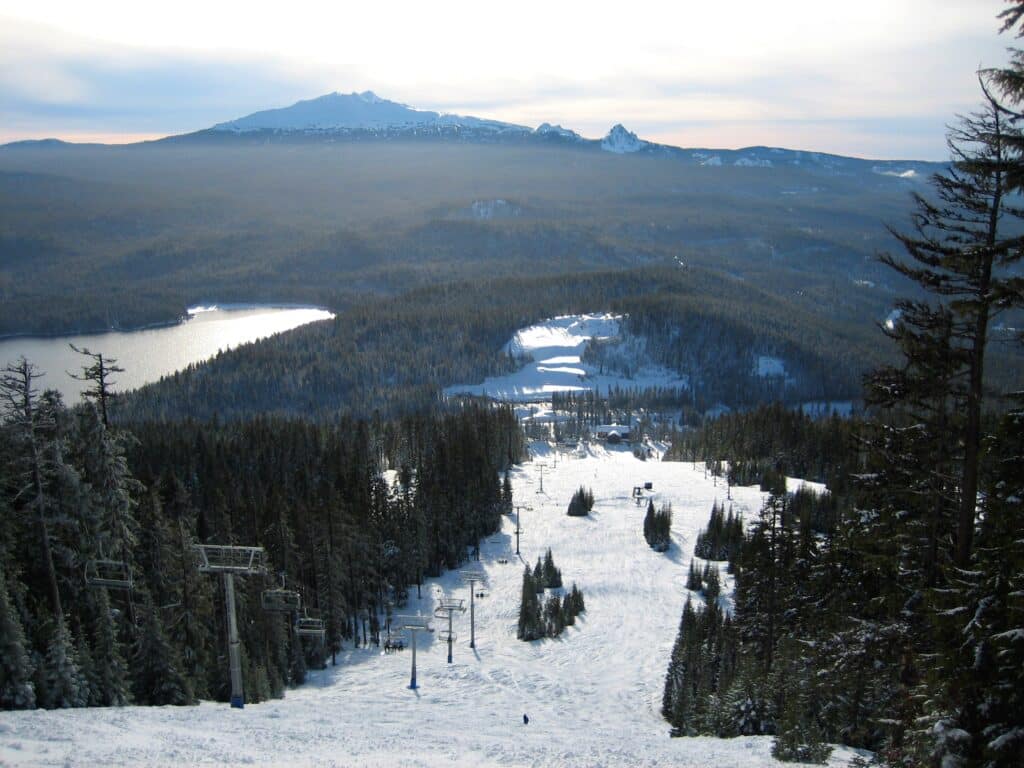 An arial view of ski runs at Willamette Pass