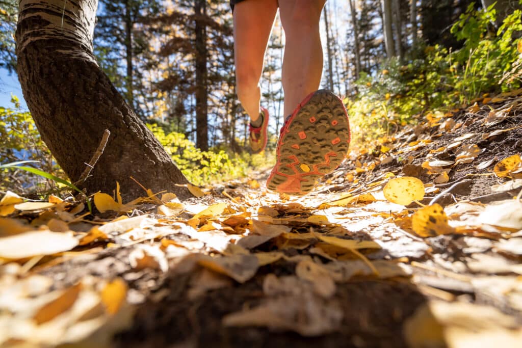 A woman runs over fall leaves in the Mountain Marmot