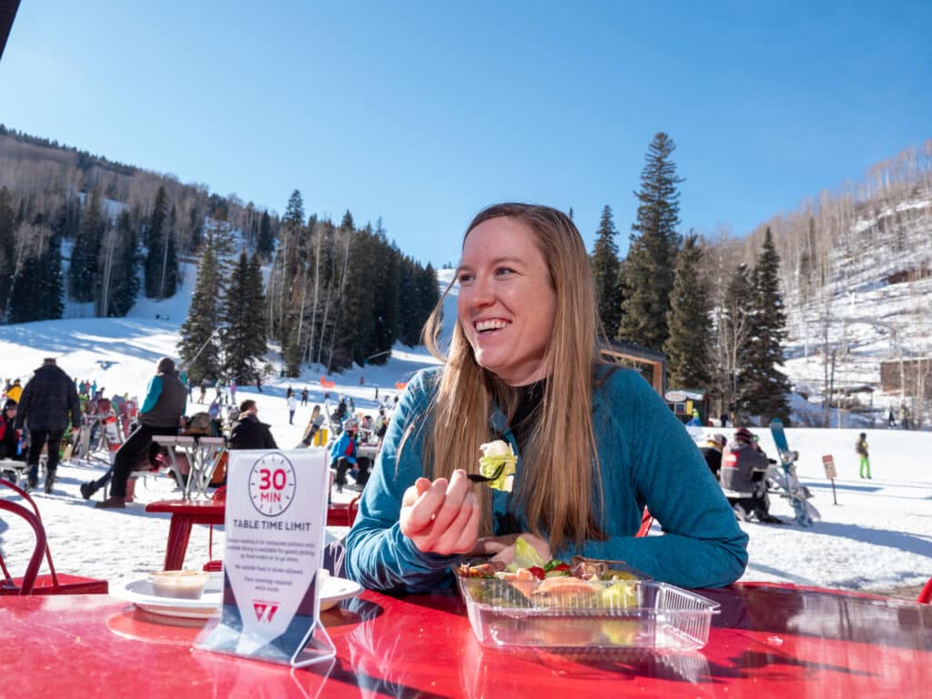Enjoy a snack and a drink at Purgy's Slopeside Restaurant and watch the skiers coming down the mountain