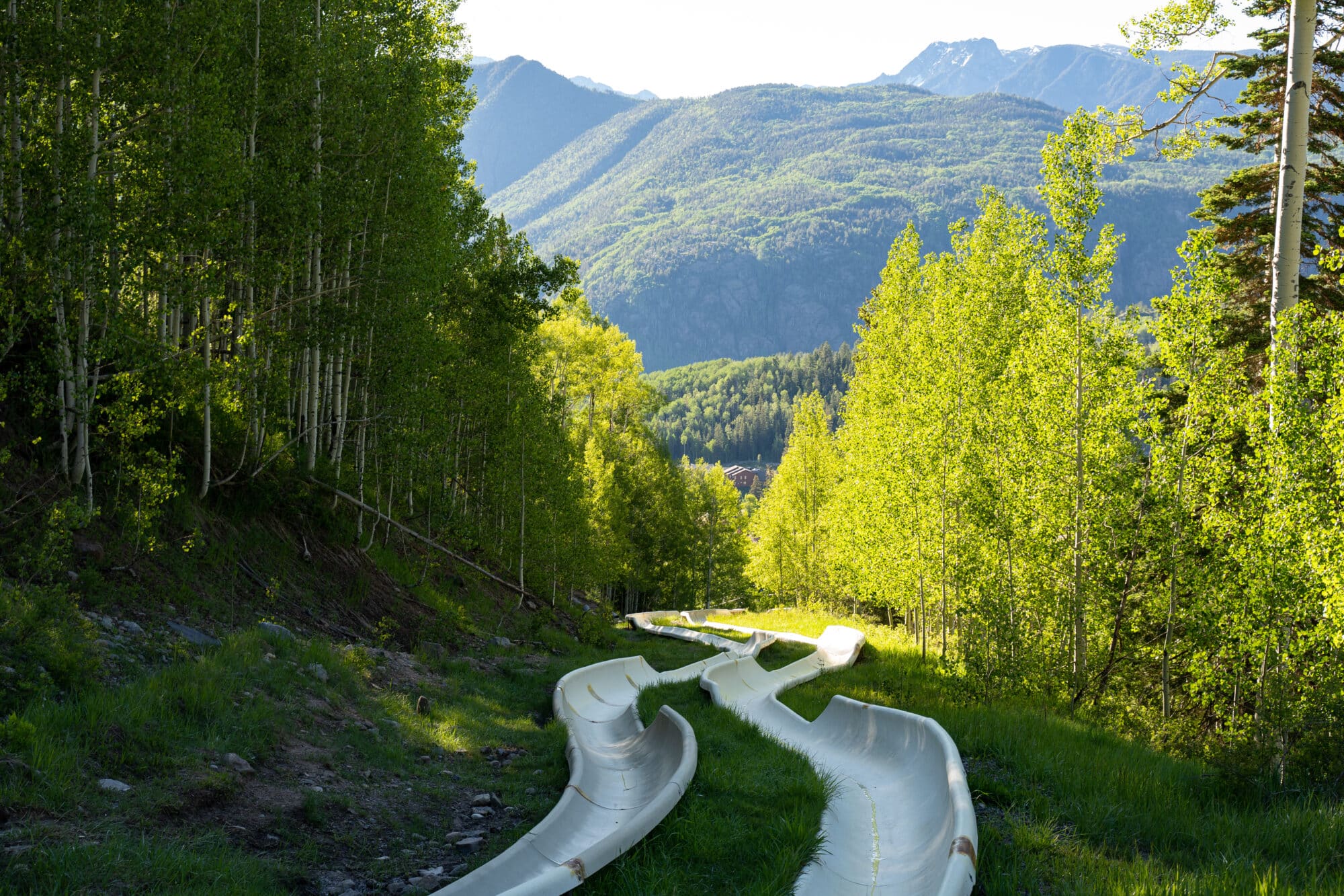 A view of the alpine slide snaking its way down the mountain as the sunrise lights up the aspen trees