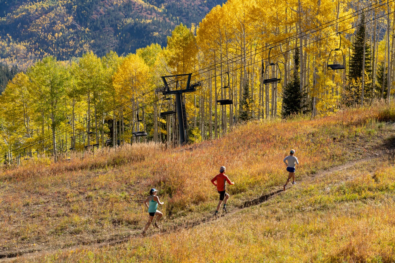group of three trail runners running uphill during the fall