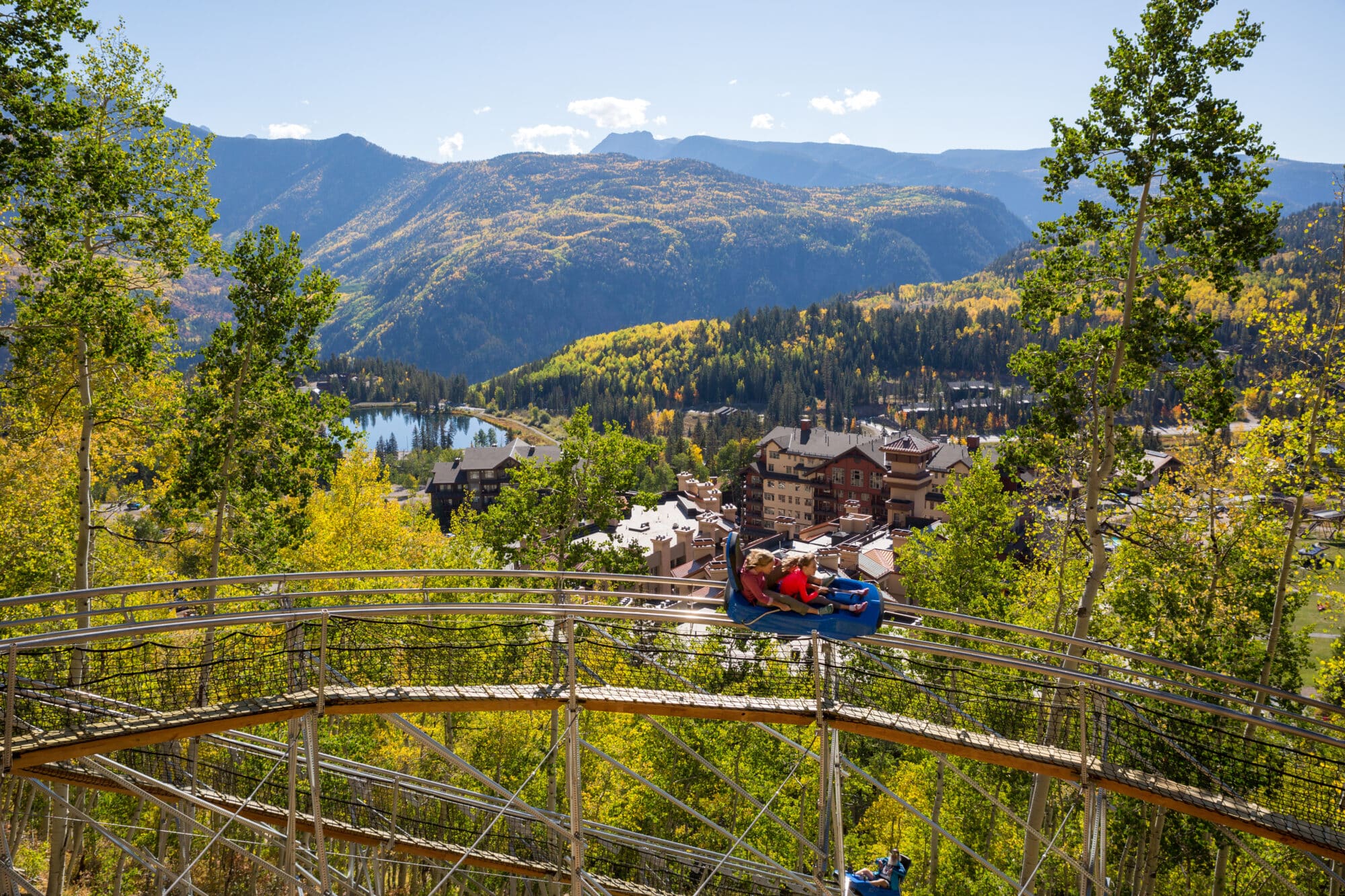 Fall mountain coaster with daughter and mom