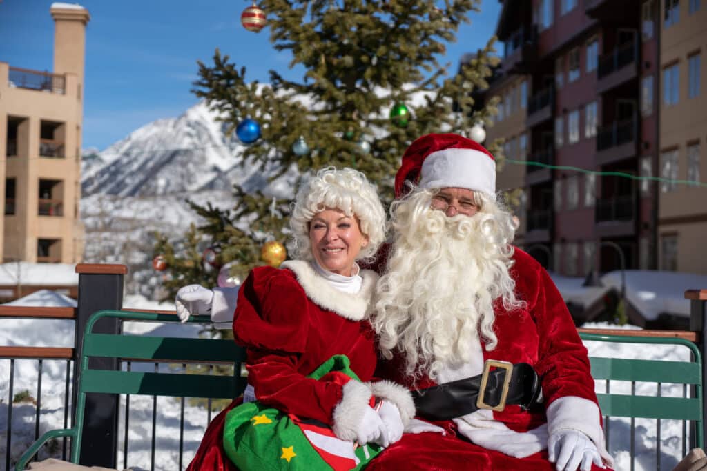 Santa and Mrs. Claus in the Plaza at Purgatory Resort