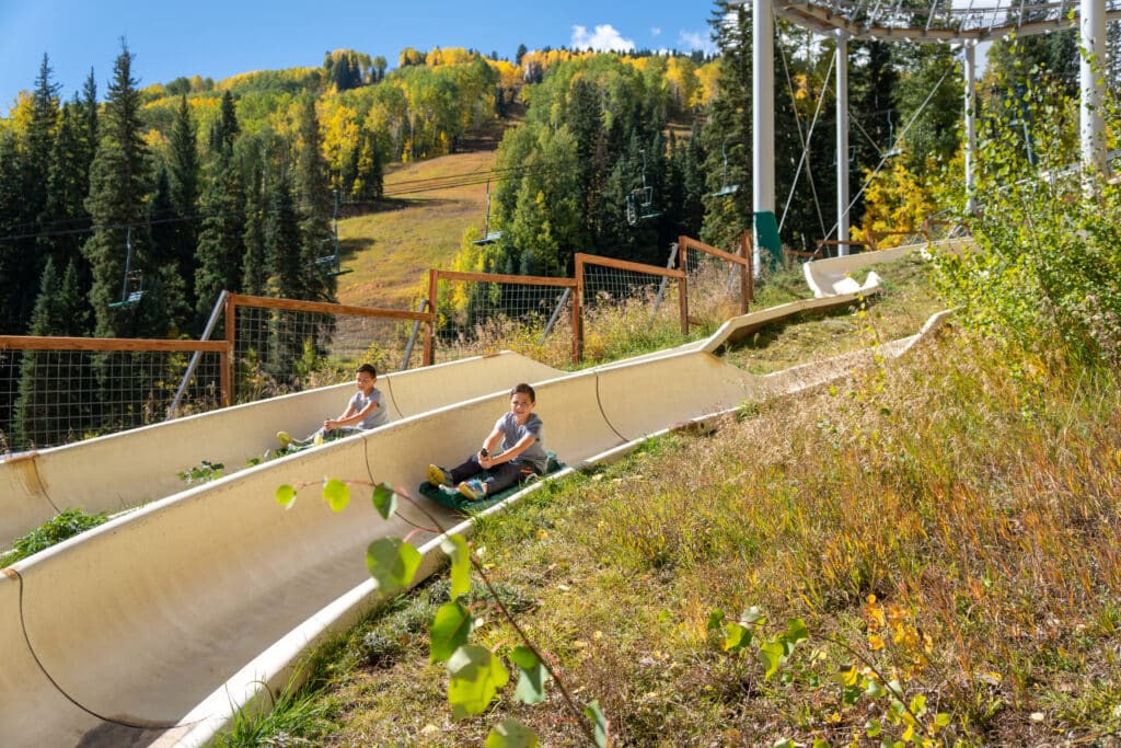 Kids race down the alpine slide during autumn