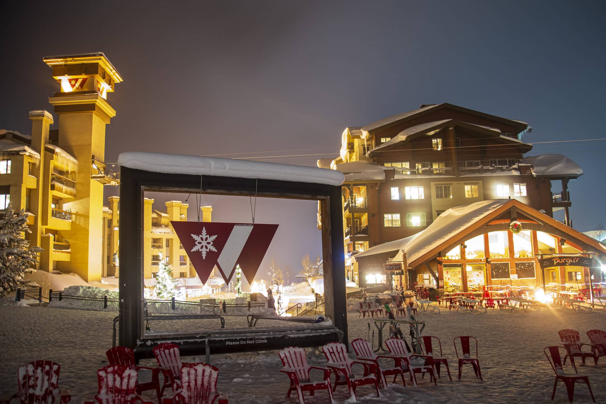 A nighttime view of the Purgatory Base area lit up