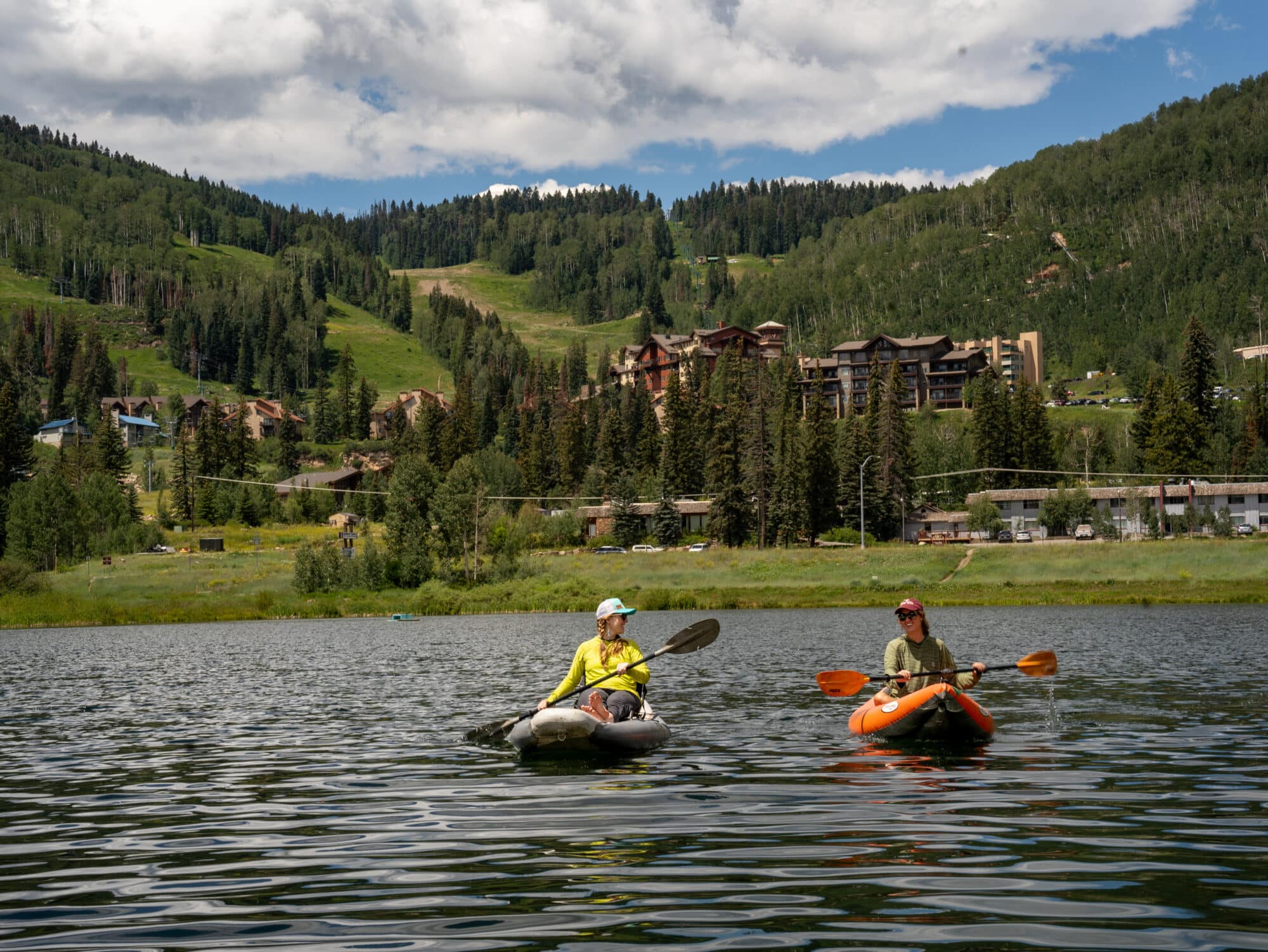 Paddling around Twilight Lake on inflatable kayaks
