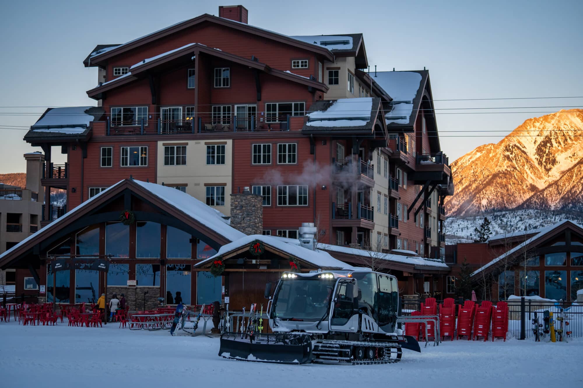 Snowcat arriving at the beach area to taker passengers to Powderhouse for an elegant dinner