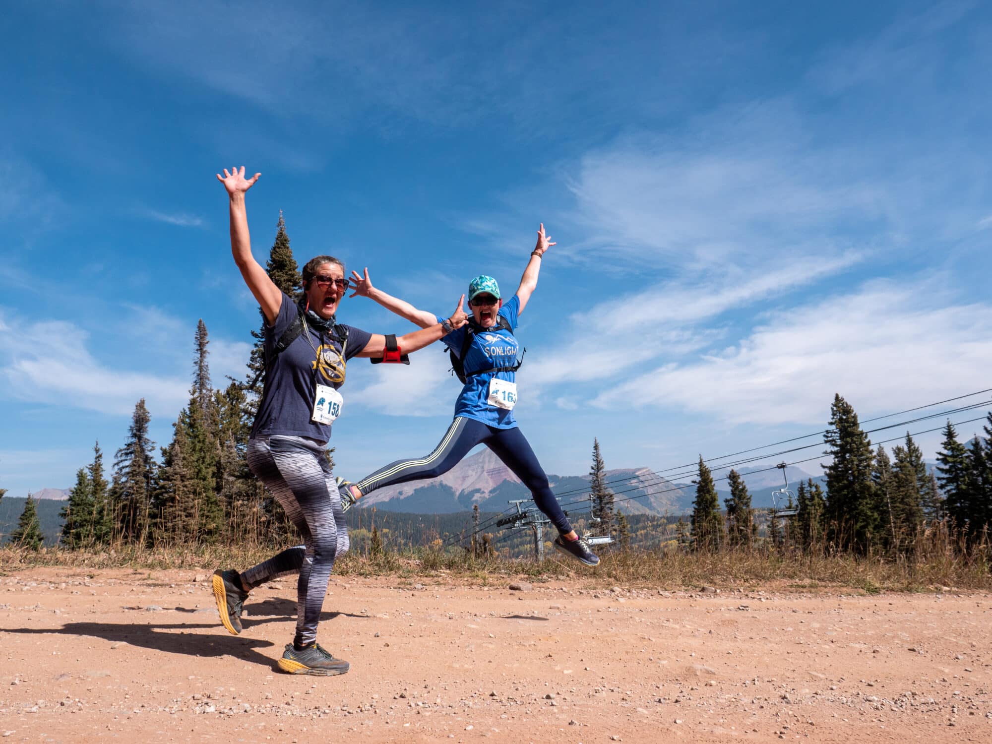 Mountain marmot racers jump for joy in front of the camera