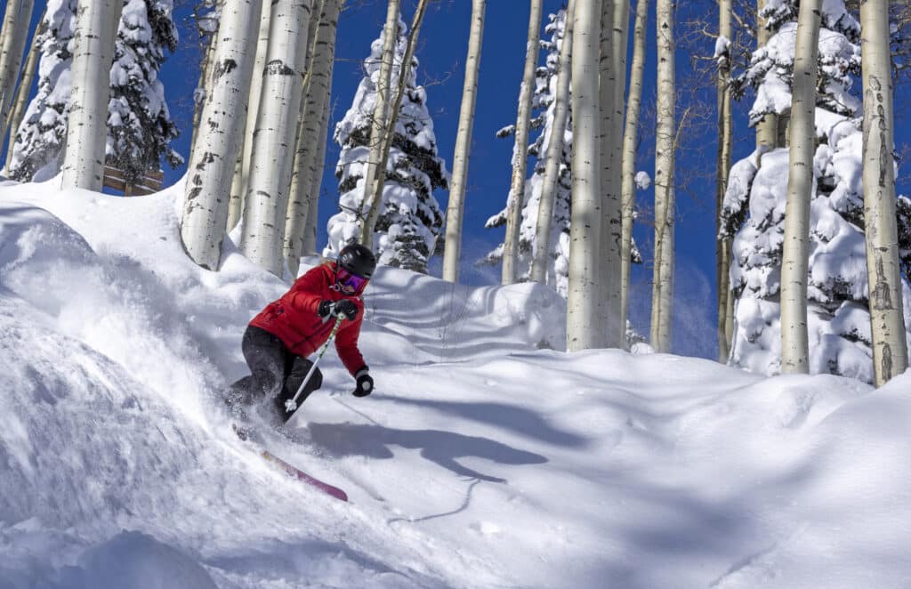 Skier in the trees enjoys fresh tracks at Purgatory Resort