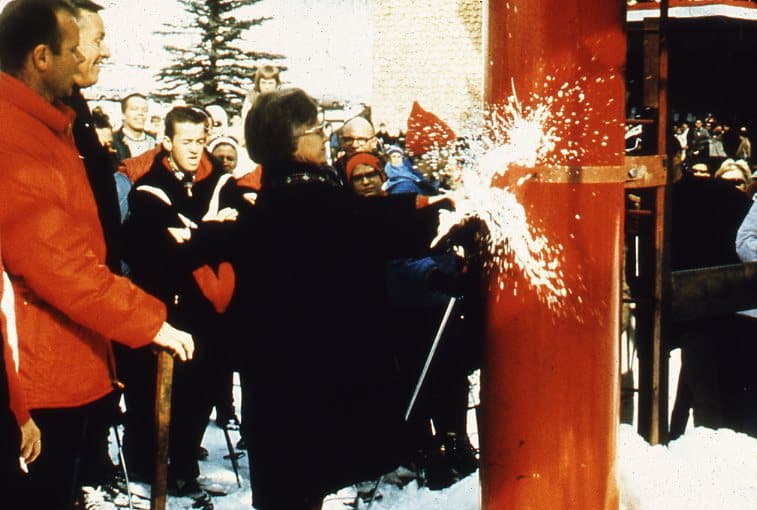 Ann Love, the wife of then-Colorado Gov. John Love, christens Lift 1 with a champagne bottle at Purgatory Resort. The ski area held its first day of skiing Dec. 4, 1965, but the grand opening celebration, with the governor and his wife in attendance, was held Jan. 8, 1966.