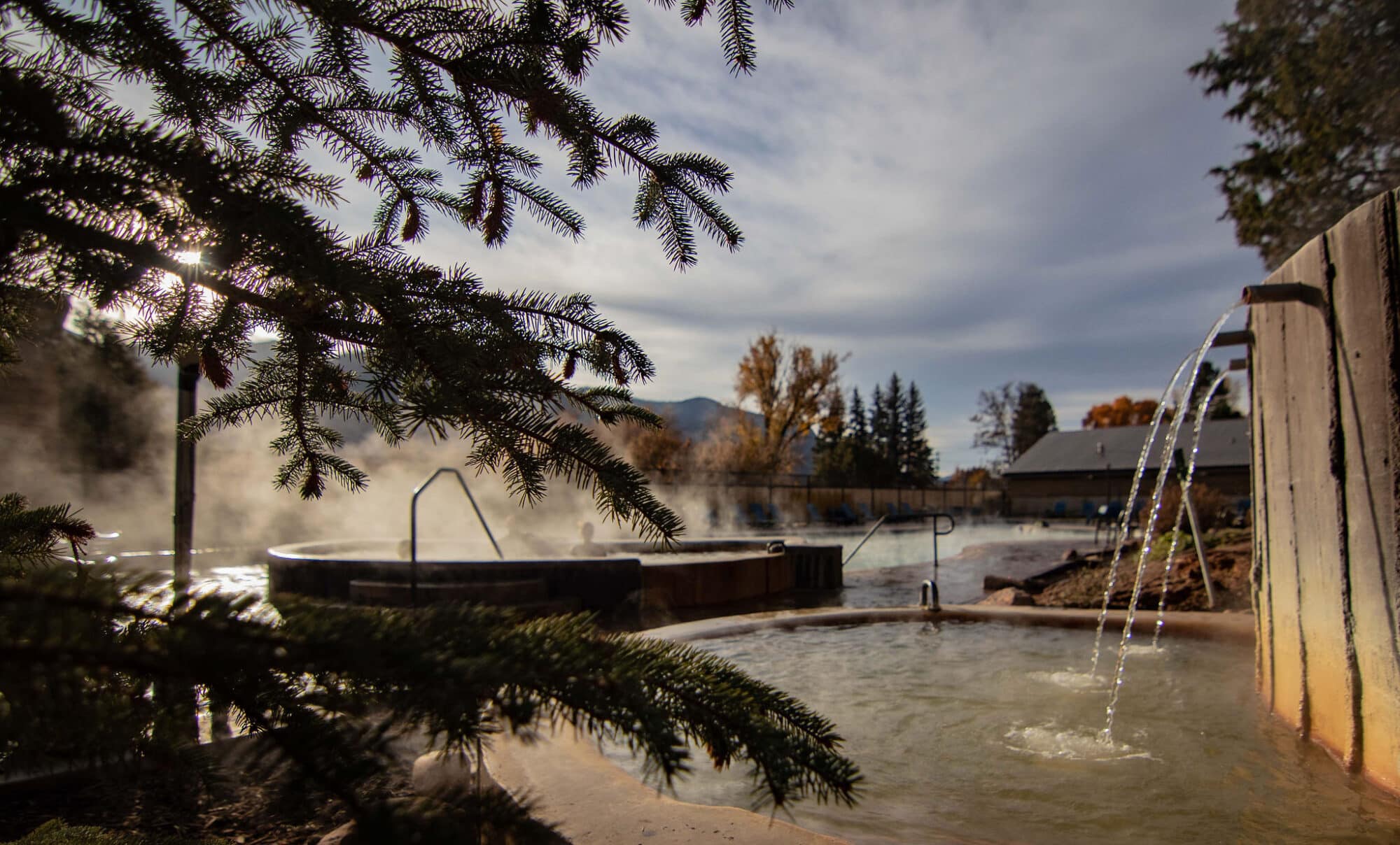 Mist rises over the pools at Durango Hot Springs Resort