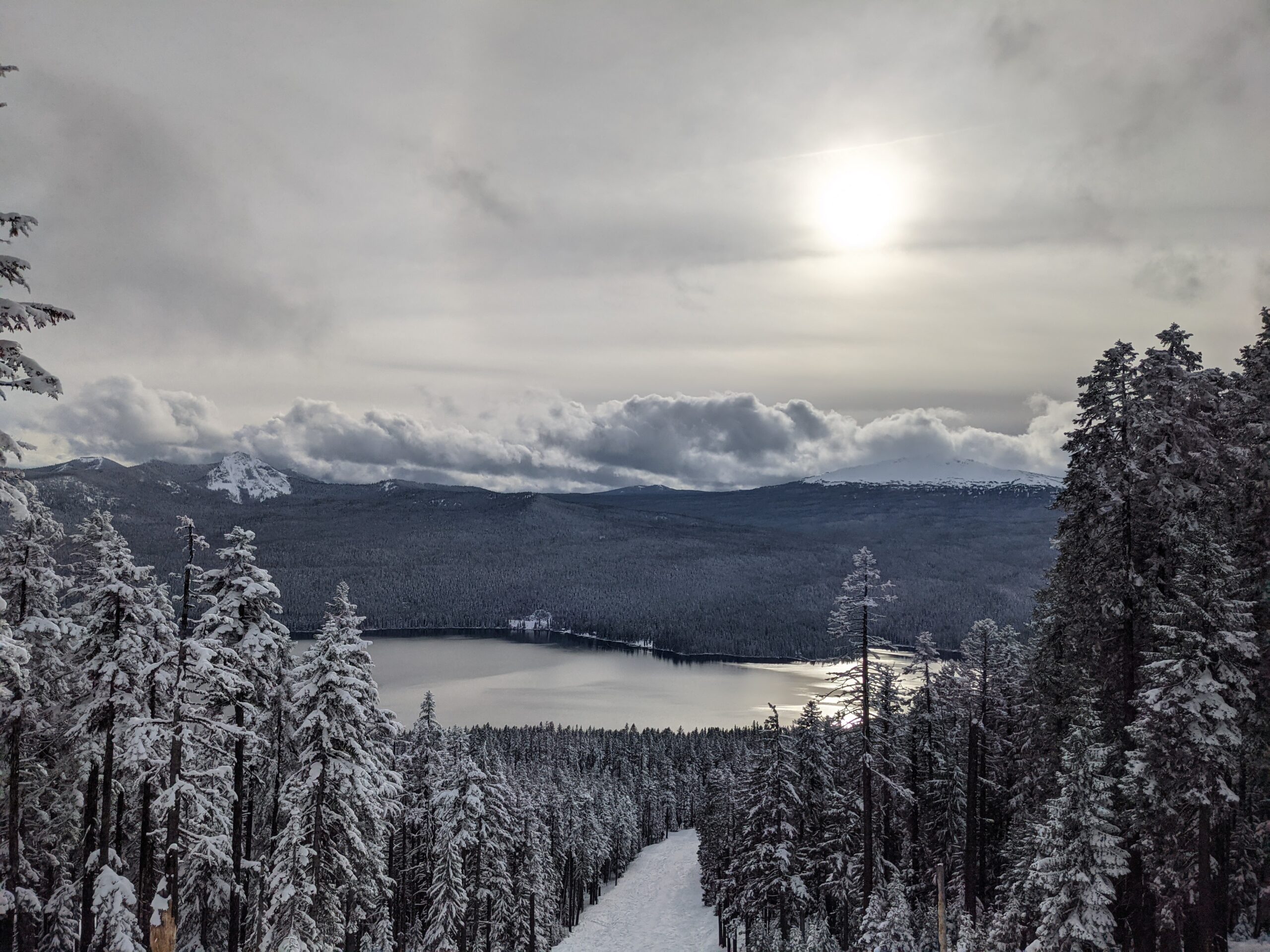 Clods hang low on a snow day with lake views from Willamette Pass Resort ski area