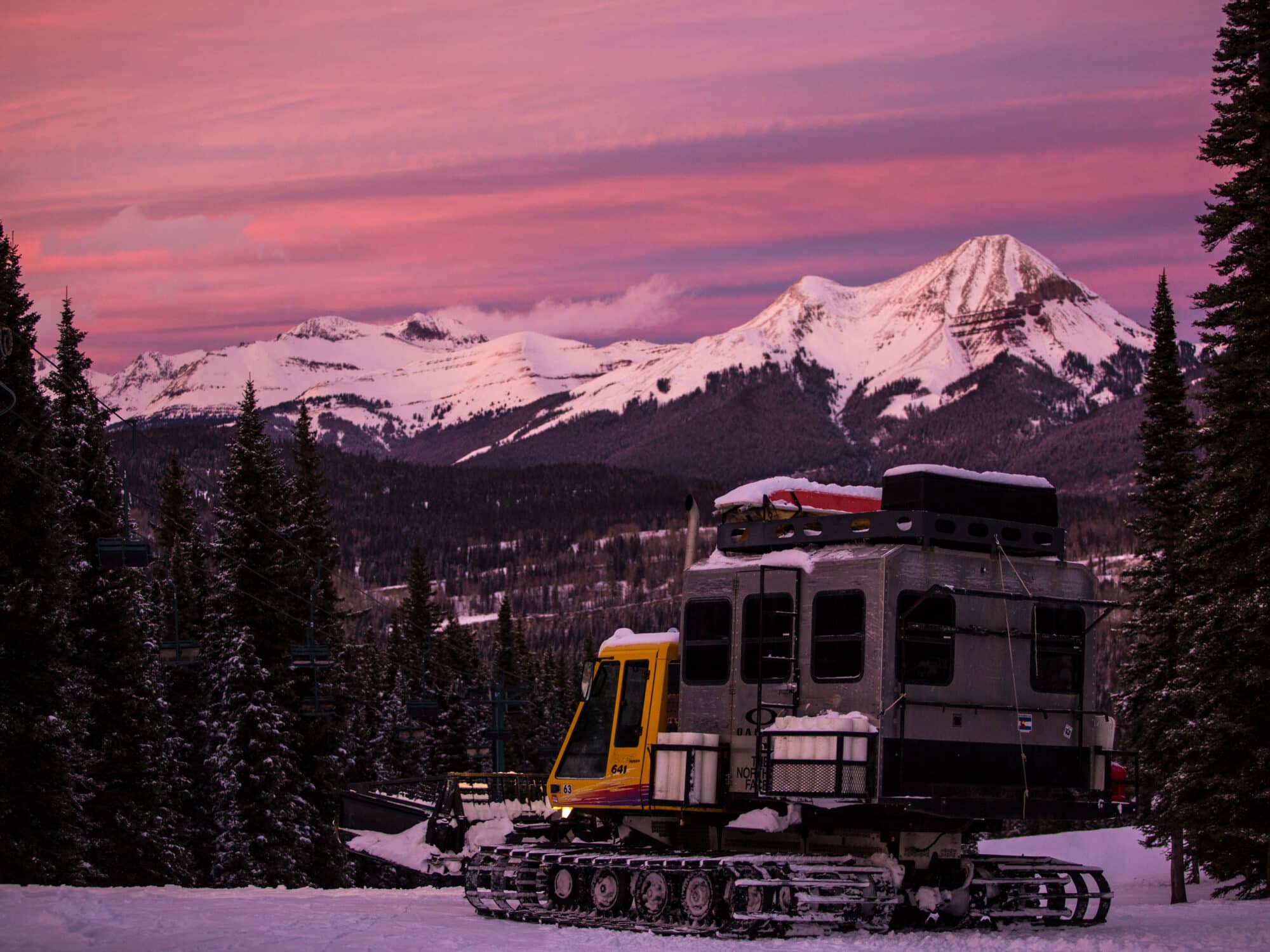 Scenic sunset in a snowcat