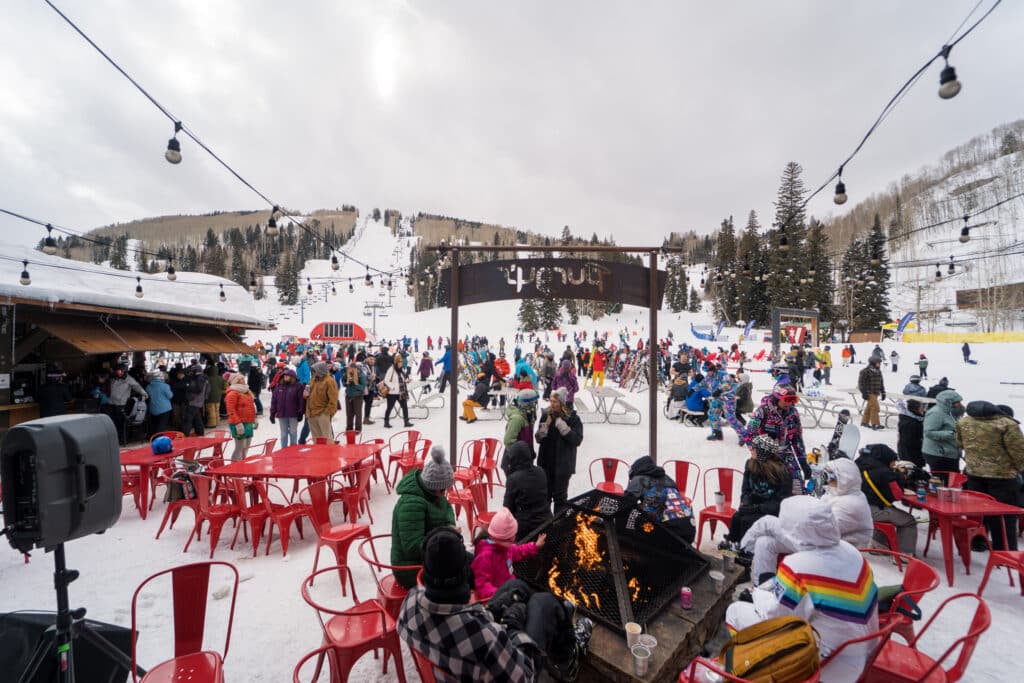 people hang out on the ski beach