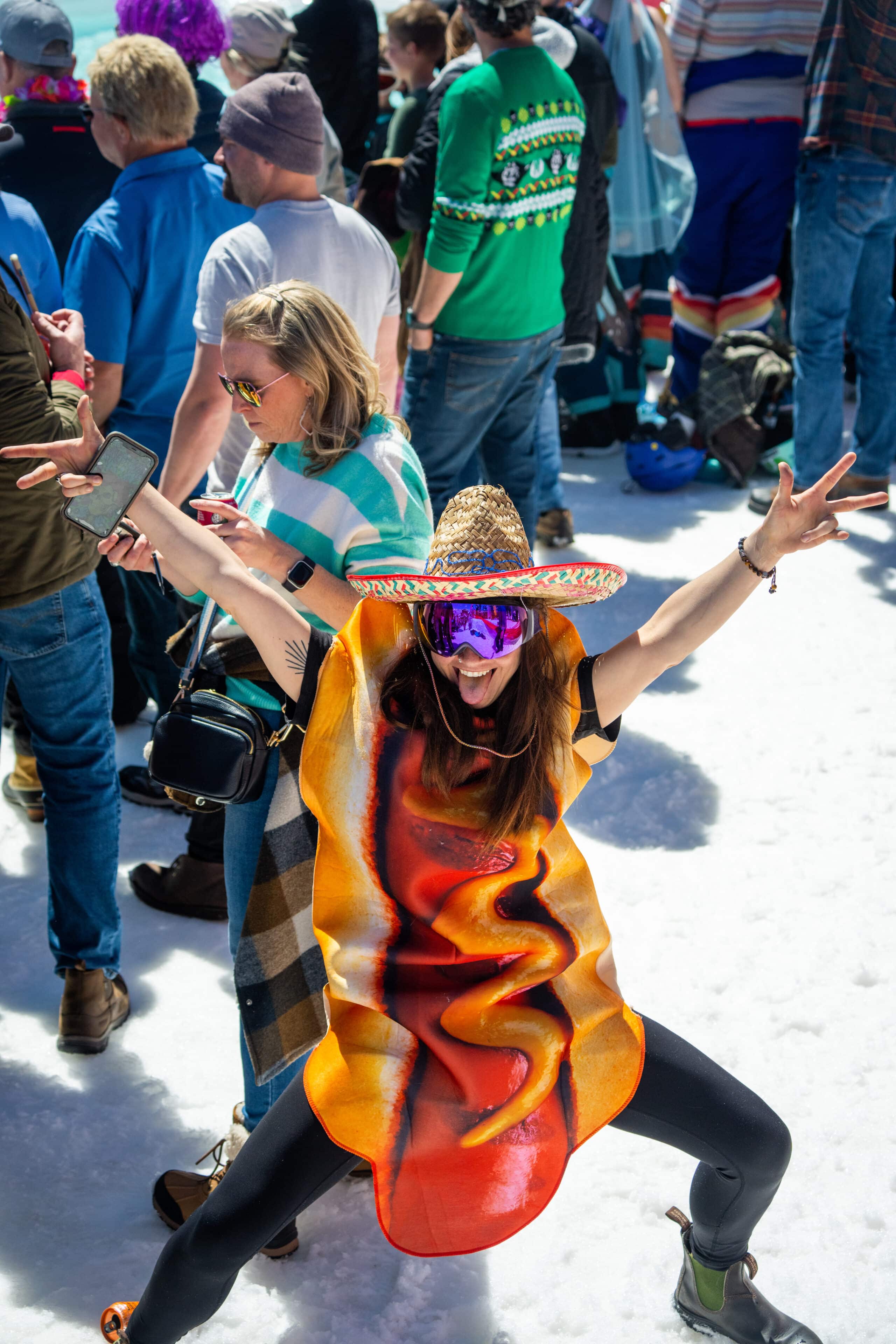 Spectater wearing hot dog costume at Pond Skim