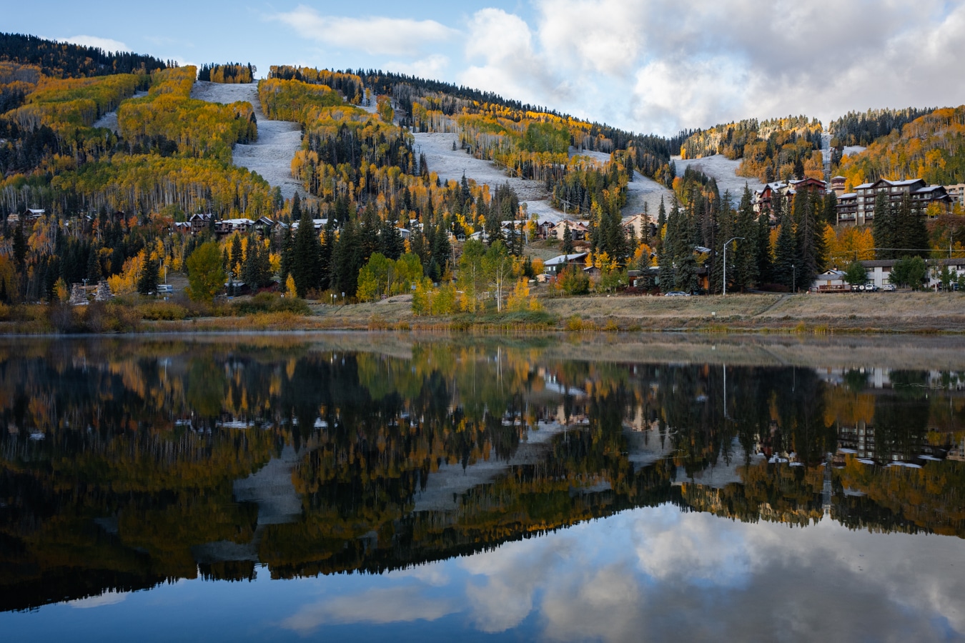 10.12.23 Fresh snow on the slopes at Purgatory resort with golden aspens