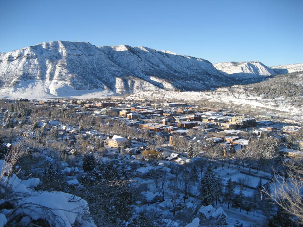 downtown durango from above in winter