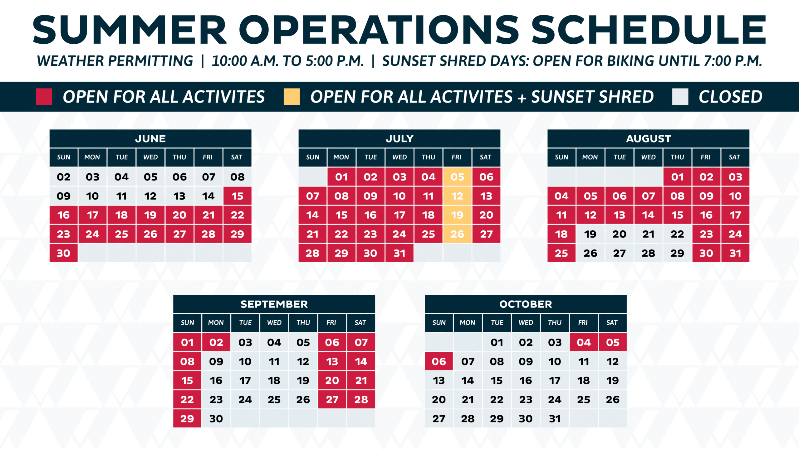 Purgatory Summer 2024 operations calendar