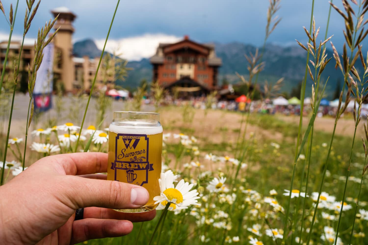 A hand holds a beer sample glass in the flowers with Summer brew at Purg in the background