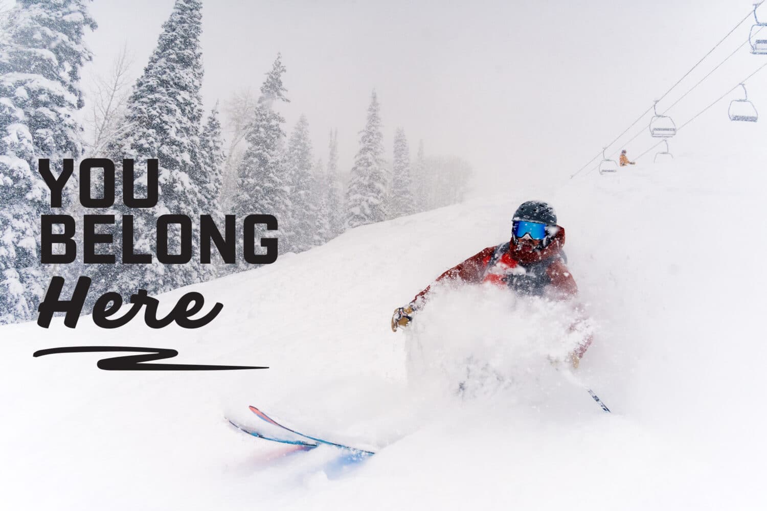 You Belong Here Power Pass campaign image of a skier enjoying deep powder turns at Purgatory Resort