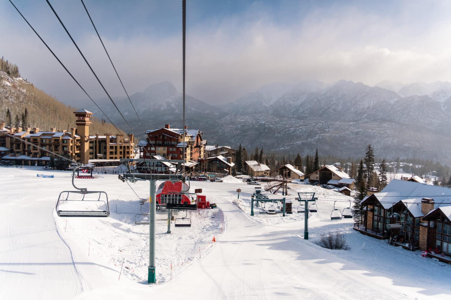 View of Purgatory base area during winter, taken from lift 1 looking back.