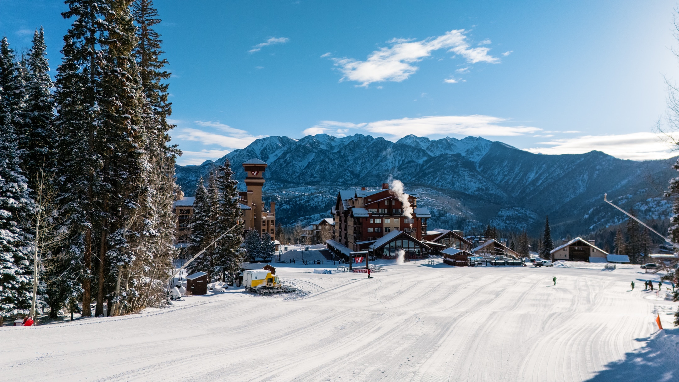 A look down at the base covered in snow after a fresh groom