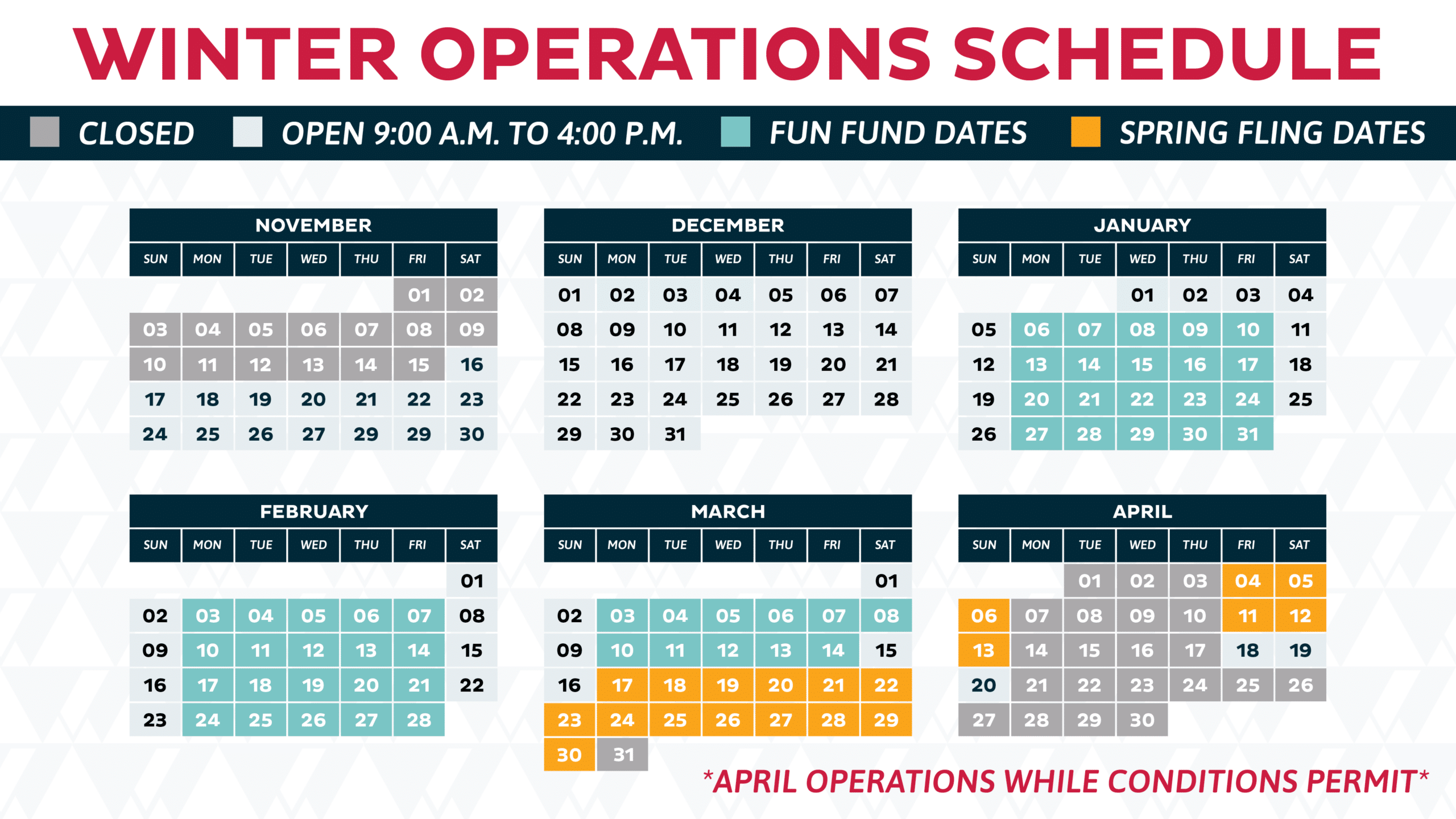 Purgatory's winter 25/26 operating calendar updated 3-20-25 for our spring ramp down
