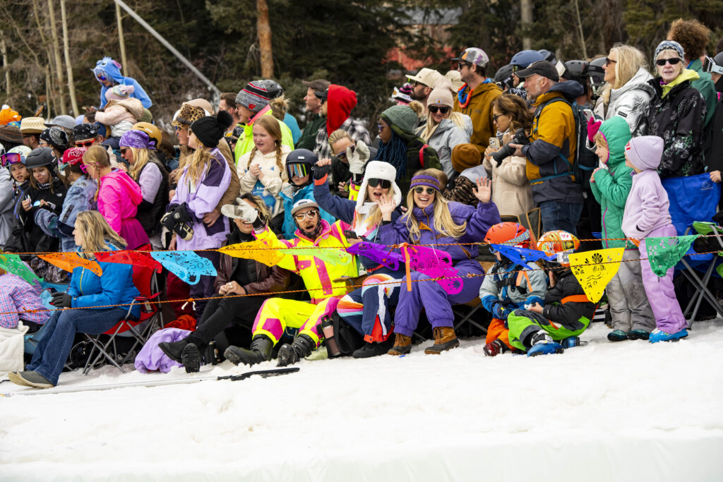 Crowd cheers on at the pond skim at Purgatory Resort 