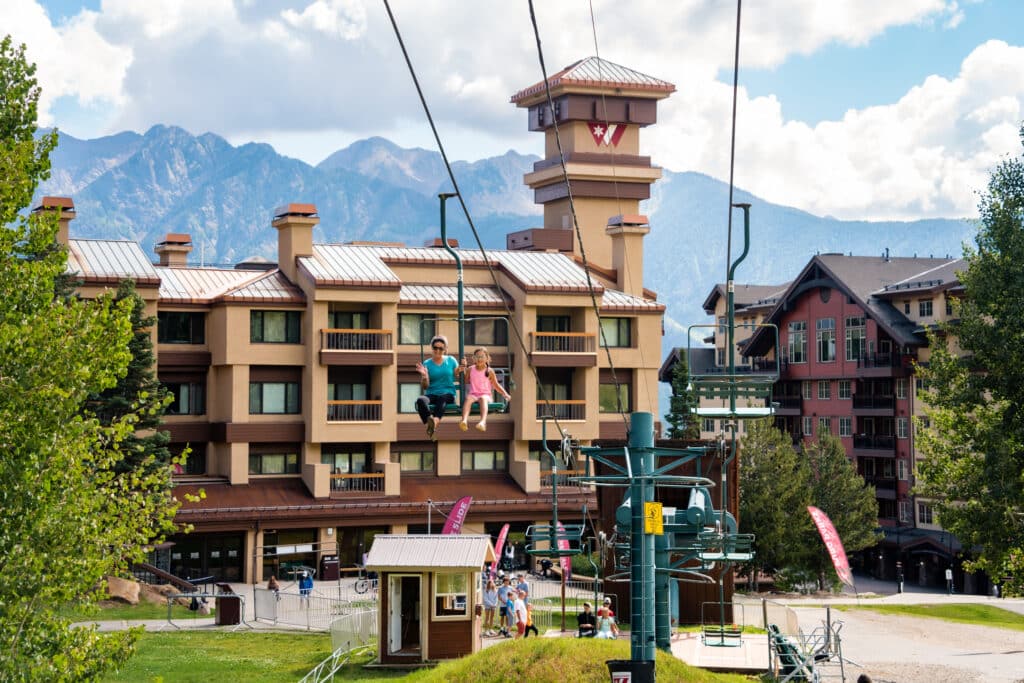 Mother and daughter ride scenic chairlift off of lift 4 at Purgatory Resort