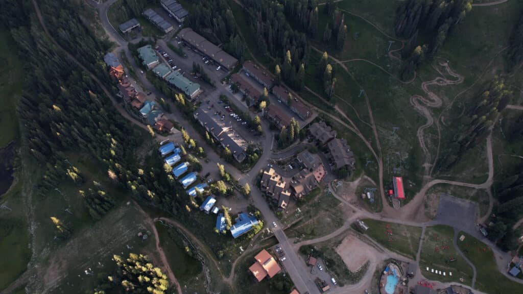 Arial drone image looking down on Shoel Street showing the proximity to the Purgatory Express lift