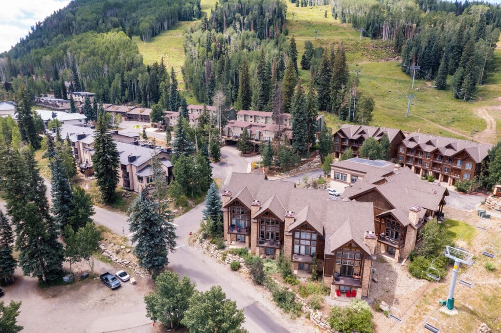 Arial drone shot of Elkpoint Townhomes at Purgatory Resort
