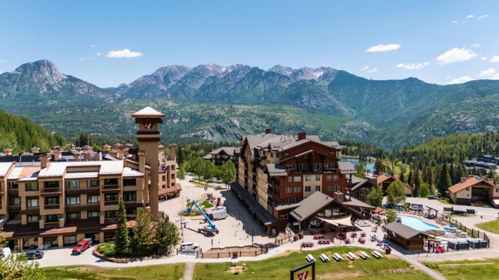 Arial drone shot of the base area of Purgatory and the Village Center tower getting its upgraded 4g network