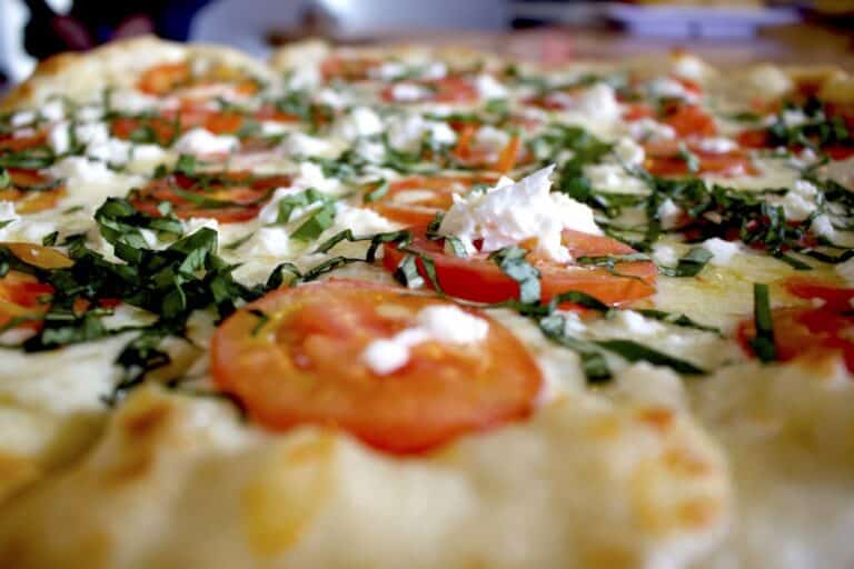 Detail image of a margarita pizza from Homeslice in Durango Co
