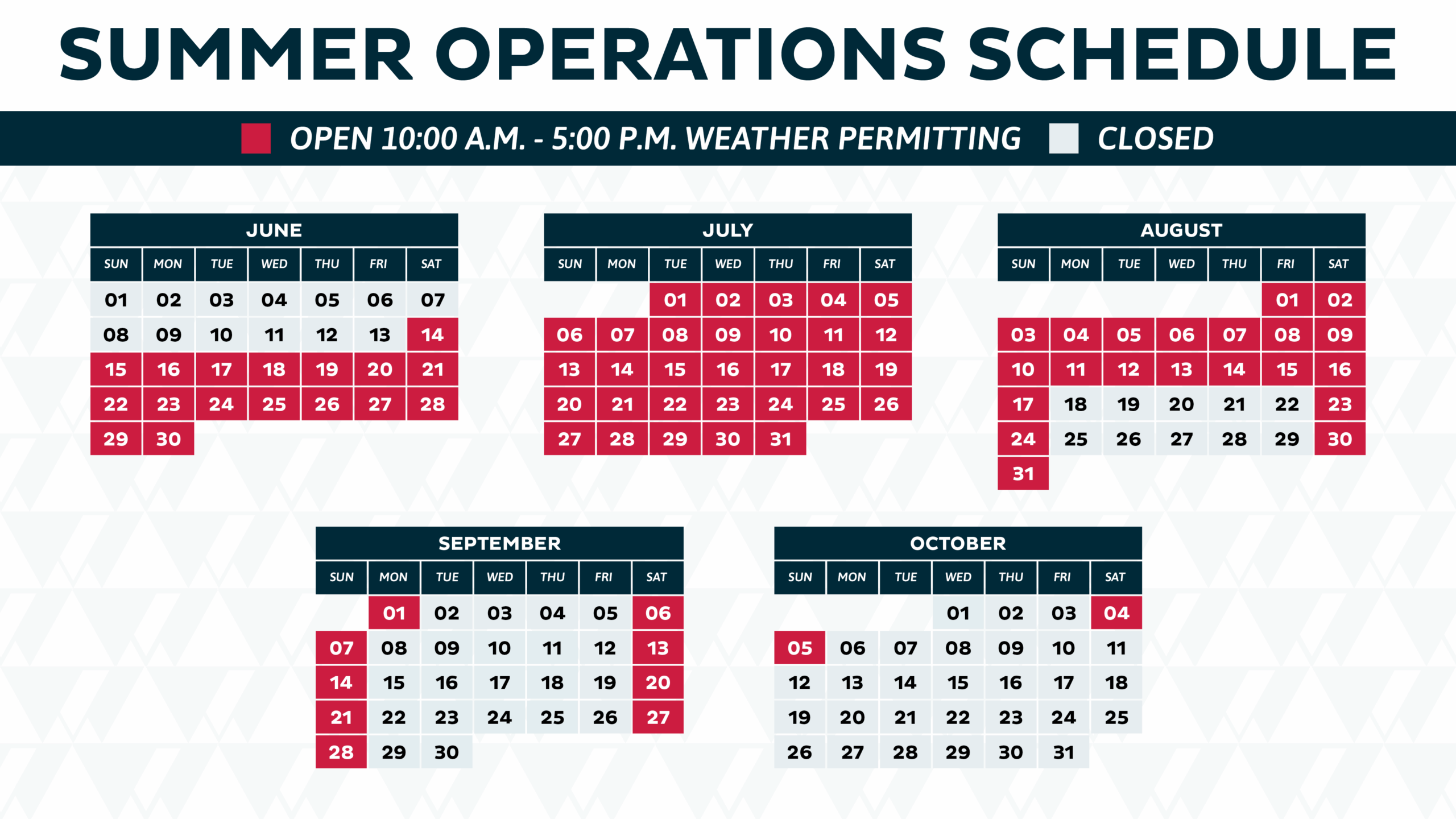 Summer 2025 Operating Schedule - Purgatory Resort will operate for 87 summer days, beginning Saturday, June 14, with daily operations through Sunday, August 17, followed by weekend (Saturday & Sunday) operations August 23 – October 5, including Labor Day, Monday, September 1.