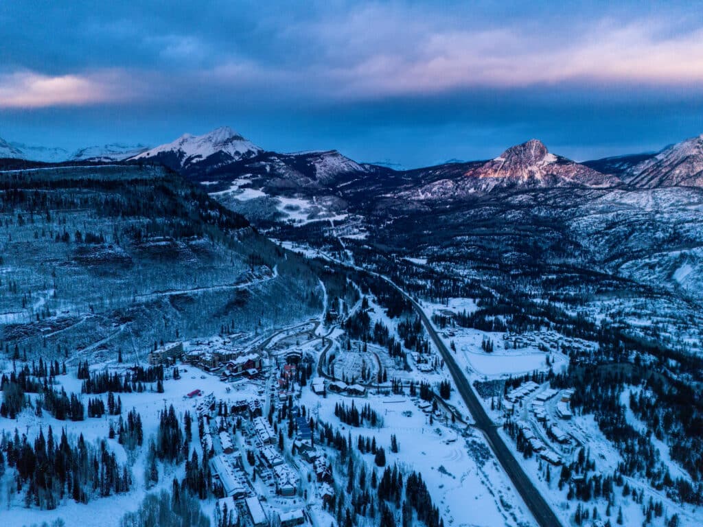 Sunset drone image of Shoel street looking towards Engineer Mountain