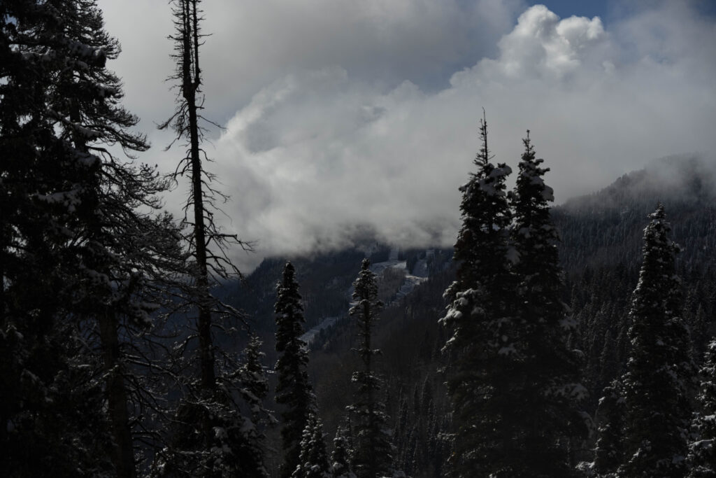 Snow starts to blanket the slopes at Purgatory with a view from Molas Pass