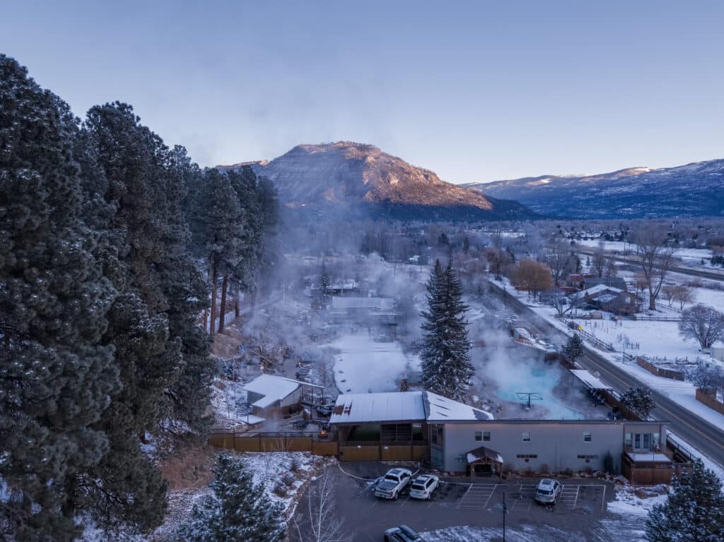 drone image of Durango Hot Springs in the winter