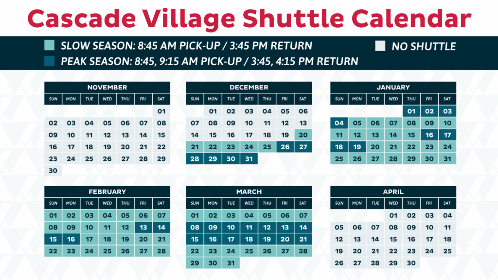 Cascade Village Shuttle Calendar for winter 25/26 at Purgatory Resort