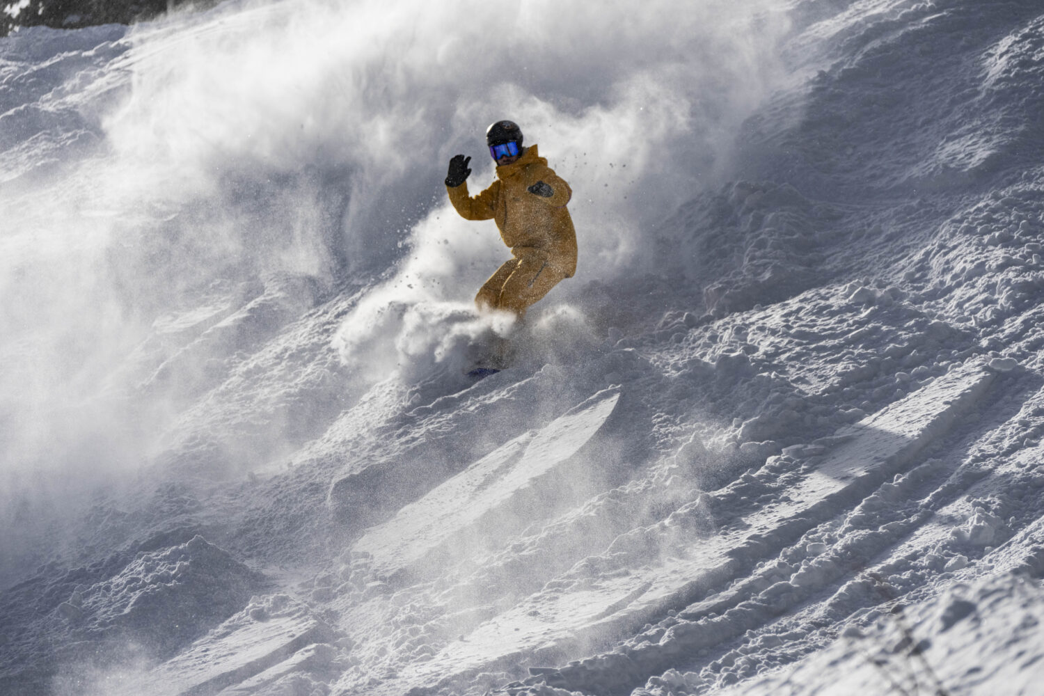 Boarder rips in fresh pow with sunlight illuminating the slash