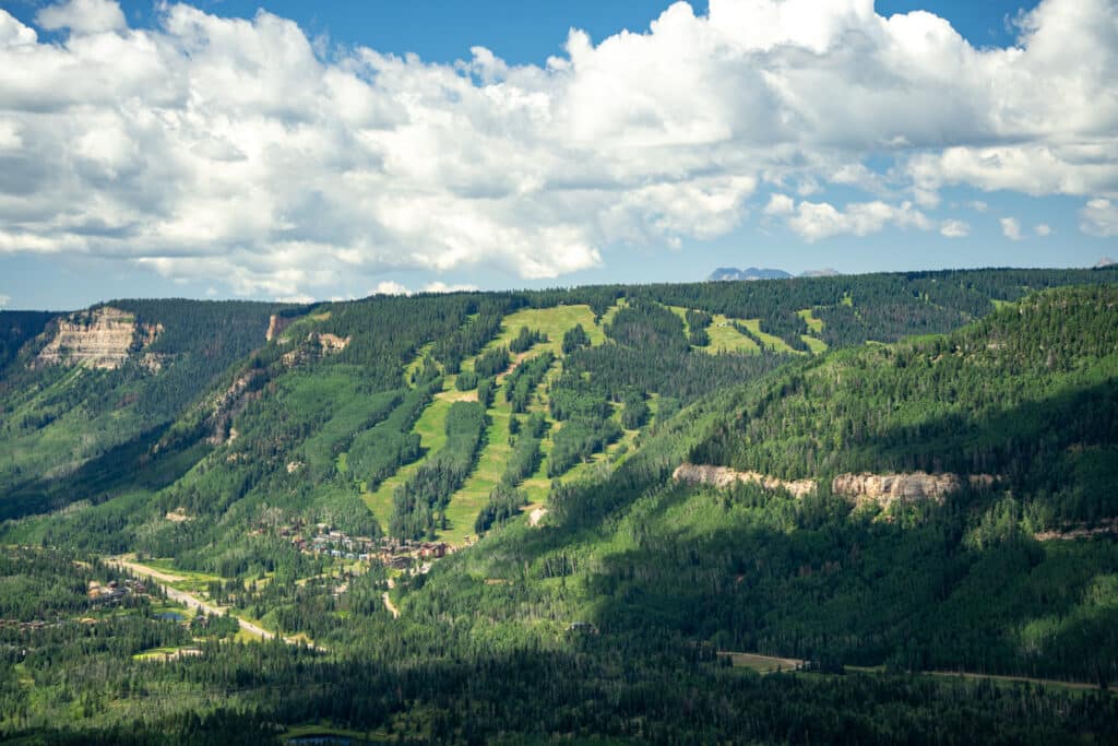 Drone photo of Purgatory Resort looking south in spring time