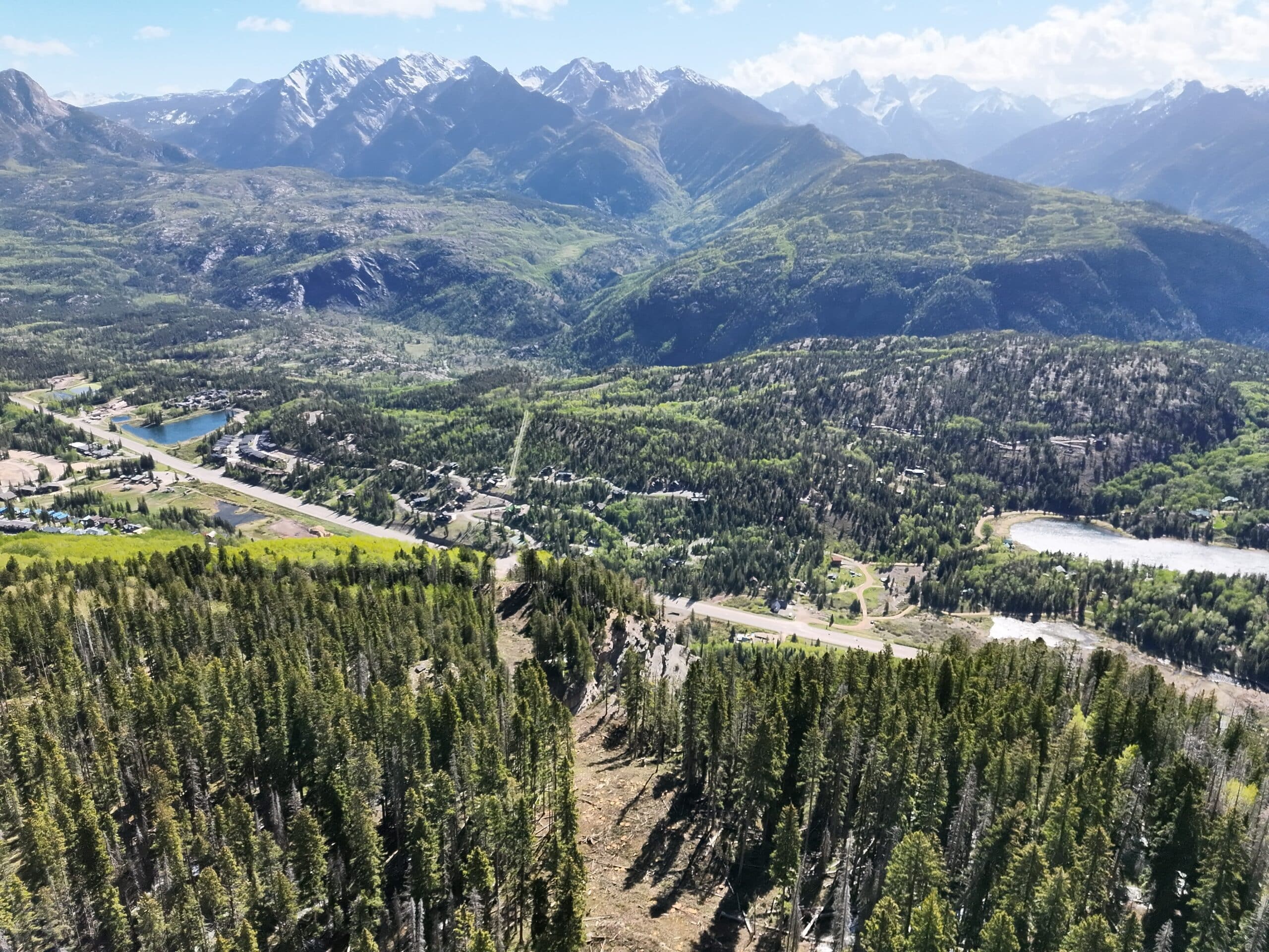 Drone image capturing the fresh cleared lift line for the new Colorado Couloir lift at Purgatory Resort