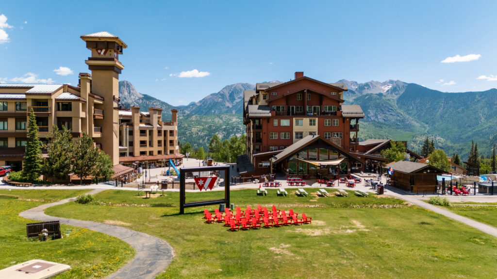 A summer drone image of the base area of Purgatory Resort is prepped and ready before opening day!